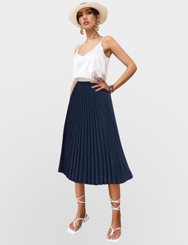 Women's Midi Skirt Elastic High Waist Pleated Skirt Knee Length Swing A-Line Casual Flowy Skirts 2025 Dark Navy,M - Thumbnail 4