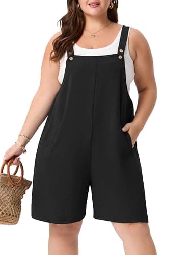 OLRIK Plus Size Jumpsuit for Curvy Women – 2026 Loose Summer Romper with Adjustable Button Straps & Pockets, Casual Lightweight Short Overall Black-1X - Image 1