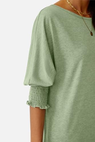 NORACORA 3/4 Sleeve Womens Tops Fall Clothes Casual Spring Summer Lightweight Loose Fit Basic Tunic Shirts Business Dressy Casual Blouses with Smocked Cuffs Grass Green XL - Thumbnail 6