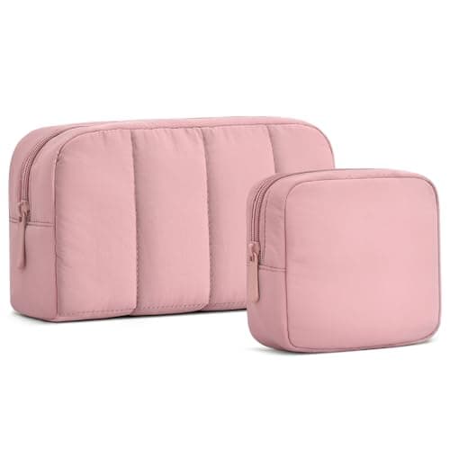 oscaurt 2 Pcs Makeup Bag Travel Toiletry Bag for Women Puffy Padded Cosmetic Pouch Purse Wide-open Makeup Organizer Case Travel Essentials