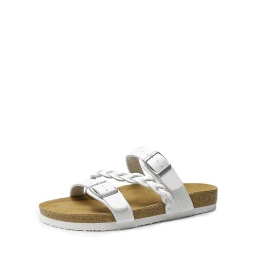 DREAM PAIRS Women's Slides Soft Cork Footbed Sandals Comfortable Walking Slip-on Flat Sandals Arch Support Adjustable Buckle Braided Straps Slippers,Size 8.5,White,DWUMSS2547 - Image 1