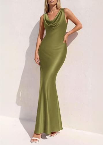 KIRUNDO Womens Summer Cowl Neck Sleeveless Satin Maxi Dress Elegant Bodycon Cocktail Wedding Guest Party Long Dresses(Army Green, X-Large) - Thumbnail 3