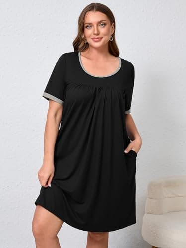 AusLook Plus Size Women's Nightgown 4X Black Short Sleeve Sleep Dress Sleepwear Soft Sleepshirts Pleated Scoopneck Nightshirt Sleep shirts with Pockets - Thumbnail 3