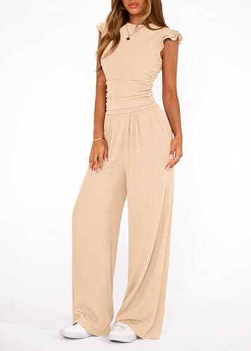 KIRUNDO Two Piece Sets For Women Dressy 2026 Summer Cap Sleeve Cute Tops Wide Leg Pants Spring Matching Set Vacation Outfits(Beige, X-Large) - Thumbnail 4