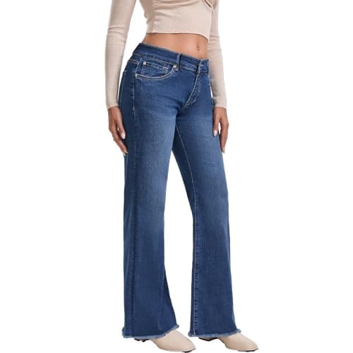WAISUNZLM Women's High Waisted Bootcut Jeans Wide Leg Stretchy Denim Pants with Raw Hem Dark Blue - Thumbnail 5