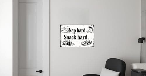 Nap Hard Snack Hard Vintage Tin Sign Funny Cat Wall Decor Black and White Retro Metal Plaque Humor Kitchen Snack Room Wall Art 8x12 Inch Pre Drilled Holes - Thumbnail 2