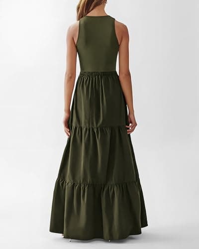 BTFBM Women Sleeveless Summer Dresses Wedding Guest Maxi Dresses Ribbed Knit Tops and Polyester Skirt with Pockets(Solid Army Green,Large) - Thumbnail 3