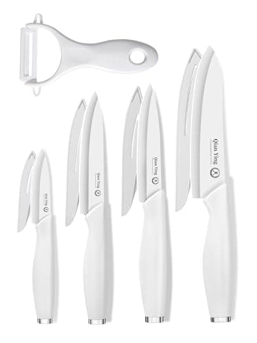 Pure Strengthening Ceramic Knife Set for Kitchen with Sheath 9Pcs: 100% Zirconia Ceramic Sharp Blade Fruit Cutting Knives with Cover Rustproof Clean Cut Edge White Handle - Image 1