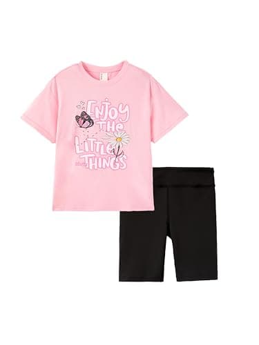 PATPAT Girls 2 Piece Outfits Summer Clothes Size 13-14 Years Pink Letter Butterfly Print Short Sleeve Shirts Top and Black Biker Shorts Big Kids Fashion Clothing Sets - Image 1