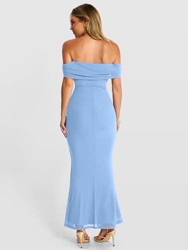 Caracilia Women’s Off Shoulder Maxi Wedding Guest Dress Summer Bodycon High Split Mesh Formal Cocktail Evening Party Dresses Blue Small - Thumbnail 4