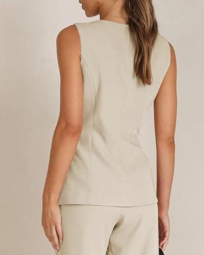 Tankaneo Women's Single Breasted Vests Square Neck Sleeveless Slim Fitted Work Office Waistcoats - Thumbnail 5