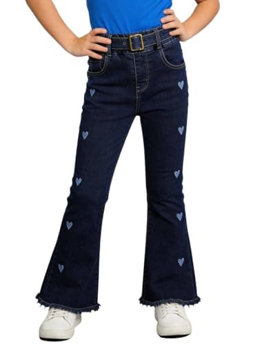 SELINK Girls High Waisted Flared Jeans Heart Embroidery Stretch Denim Pants for Kids 6-15Y Dark Indigo 12 - Image 1