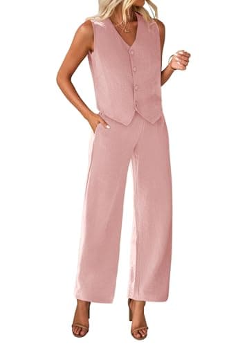 KIRUNDO Womens Suits 2 Piece Set Summer Linen Crop Blazer Vest and Pants Sets Dressy Casual Matching Clothes Going Out Outfits (Pink, Large)