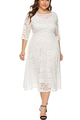 Eternatastic Womens Scooped Neckline Floral lace Top Plus Size Cocktail Party Midi Dress 4XL White - Thumbnail 3