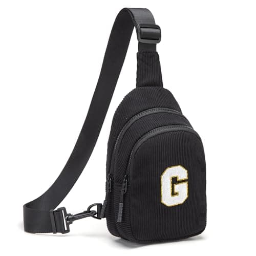 Viverte Small Corduroy Sling Bag Initial Crossbody Bag Fanny Pack for Girls Personalized Birthday Gifts for Teen Girls(Black-G)
