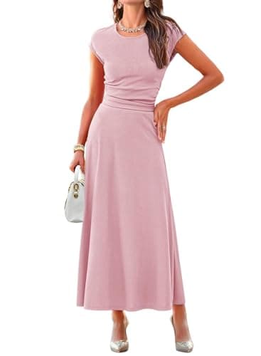Dokotoo Women Two Piece Skirt Set Casual Ribbed Knit Crew Neck Short Sleeve Cropped Top Elastic Waist Swing Midi Skirts 2 Piece Outfits Dressy Pink Formal Dresses for Women Small - Image 1