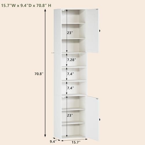 70.8" Tall Bathroom Storage Cabinet with 2 Barn Doors, Narrow Storage Cabinet with Adjustable Shelves & Open Compartments, Slim Floor Cabinet for Bathroom, Kitchen, Entryway, Living Room, White - Thumbnail 2