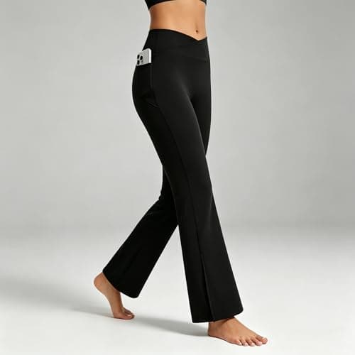 AMLEER Women's V Waist Side Split Wide Leg Yoga Leggings - High Waisted Crossover Stretchy Workout Flare Yoga Pants（Black, Small - Thumbnail 2