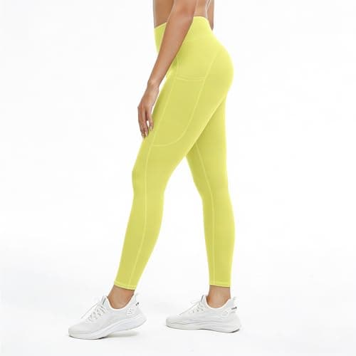 AMLEER High Waisted Full Length Leggings with Pockets for Women, Tummy Control 4-Way Stretch Moisture Wicking Yoga Workout Leggings, Neon, X-Large - Thumbnail 2