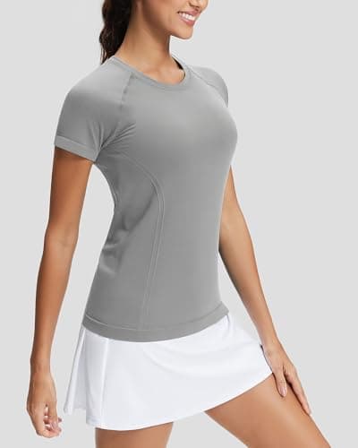 Stelle Women Seamless Workout Shirts Short Sleeve Athletic Top Yoga Gym Running T-Shirts(Grey,XS) - Thumbnail 2