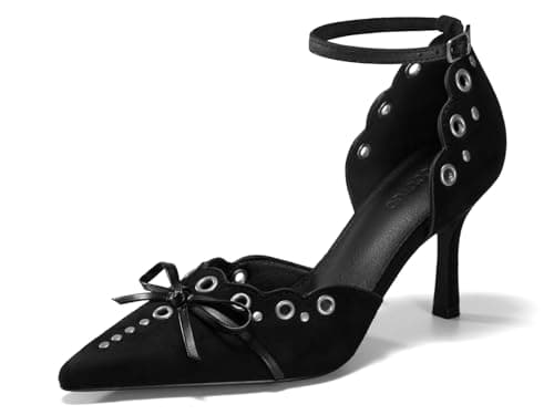 Coutgo Womens High Heels Bow Tie Closed Pointed Toe Stiletto Ankle Strap Studded Suede Dress Shoes, Black, Size 11 - Image 1