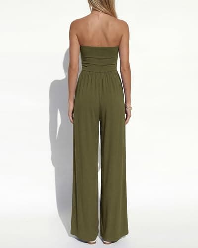BTFBM Jumpsuits For Women Summer 2026 Beach Vacation Strapless Tube Top Jumpsuit Ruched Casual Wide Leg Pant Rompers(Army Green, Large) - Thumbnail 3
