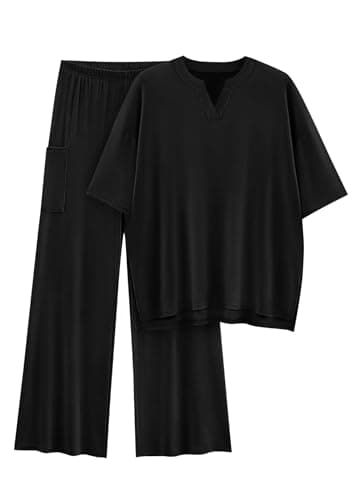 KIRUNDO Two Piece Sets for Women Lounge Set Airport Travel Summer Outfits 2026 Comfy Short Sleeve Top Matching Wide Leg Pants(Black, XX-Large) - Image 1