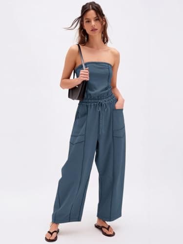 Sexyasasii Tube Top Jumpsuit for Women Strapless Summer Casual Off the Shoulder Long Barrel Pants One Piece Pull on Jumpsuits with Pockets - Thumbnail 6