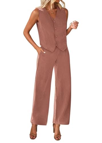 KIRUNDO Two Piece Outfits for Women Summer Sets 2026 Trendy Button Crop Vest Wide Leg Pantsuit Matching Set Spring Fashion Clothes(Dark Pink, XX-Large) - Image 1