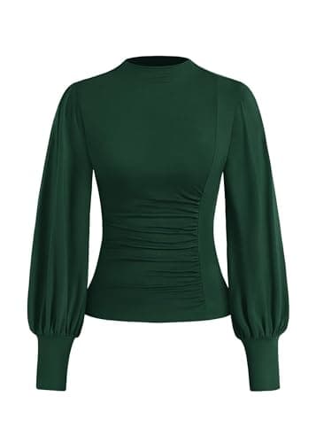 KIRUNDO Blouses for Women Dressy Casual 2026 Spring Tops Fall Puff Long Sleeve Shirts Fitted Mock Neck Ruched Trendy Tops(Dark Green, Medium) - Image 1