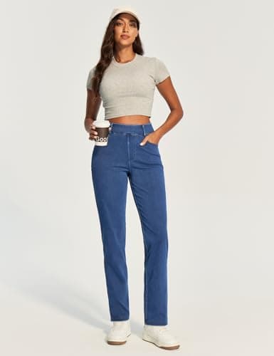 IUGA Straight Leg Jeans for Women Stretchy Pull On Sweatpant Jeans Women High Waisted Bootcut Jean Trendy Denim Pants Light Blue - Thumbnail 2