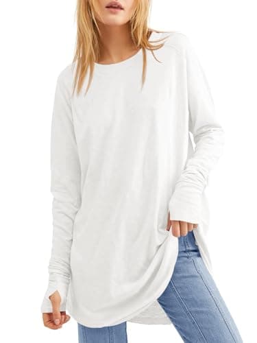 Fisoew Women's Casual Long Sleeve Tops Crew Neck Round Hem Loose T-Shirts Tunic Tops with Thumb Holes White - Image 1