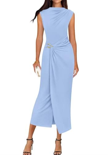 BTFBM Dresses for Women 2026 Summer Clothes Formal Bodycon Mock Neck Cap Sleeve Midi Party Cocktail Wedding Guest Dress(Light Blue, X-Large) - Image 1