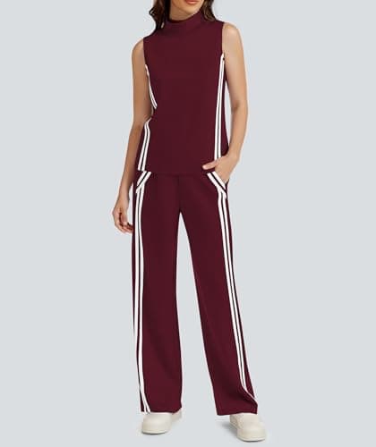 Casly Lamiit Womens Lounge Set 2 piece Lounge Travel Outfits Trendy Casual Tracksuit Mock Neck Tops Wide Leg Jogging Pants Activewear Ancora Red S - Thumbnail 3