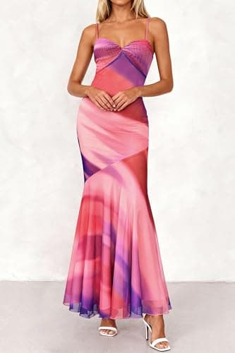 BTFBM Summer Dresses for Women 2026 Spaghetti Straps Sundress Twist Knot Mesh Mermaid Wedding Guest Dress Beach Vacation(Print Multicolour, Small) - Thumbnail 2