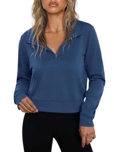 Totatuit Women Half Zip Cropped Sweatshirt Pullover Long Sleeve Soft Sweatshirts for Winter Casual Clothes Dark Blue L - Image 1