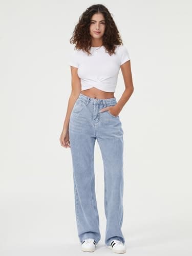 HDLTE Women's Wide Leg High Waist Baggy Blue Washed, Sky Blue Jeans - Thumbnail 5