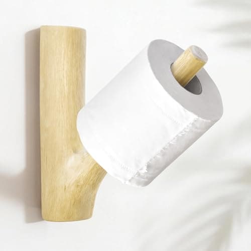 Wooden Toilet Paper Holder Wall Mount- Self Adhesive Bathroom Tissue Roll Holder, Retro Bohemian Farmhouse Style, No Drilling for Small Spaces Bathrooms RVs and More - Natural Wood Color - Image 1