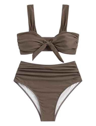 ZAFUL Bikini Sets for Women Push Up Tie Knot Cute Two Piece Tummy Control Swimsuits High Waisted Bathingsuits for Women Over 50 Push Up Bikini Top Coffee Brown L - Thumbnail 6