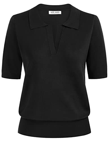 Kate Kasin Black Short Sleeve Sweaters for Women, V Neck Knit Tops, Business Casual Polo Shirts XXL - Image 1
