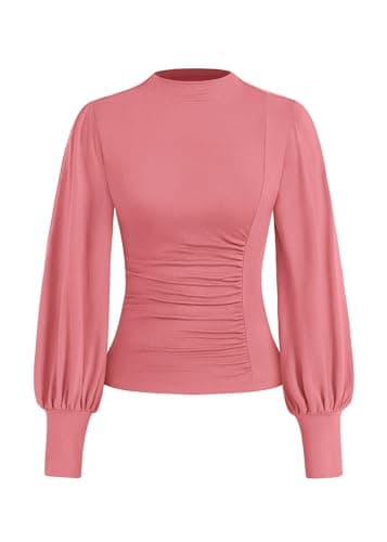 KIRUNDO Blouses for Women Dressy Casual 2026 Spring Tops Fall Puff Long Sleeve Shirts Fitted Mock Neck Ruched Trendy Tops(Pink, Large)