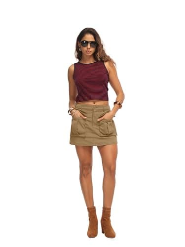 HiMONE Womens Mini Cargo Skort Skirt Shorts with Large Pockets High Waisted Casual Summer Streetwear Skort(Khaki-L) - Thumbnail 6