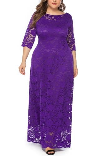 Eternatastic Womens Floral Lace 2/3 Sleeves Maxi Dress Evening Party Long Dress XL Purple - Thumbnail 4