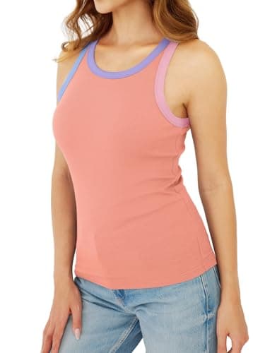 GKBK Womens Colorblock Ribbed Tank Tops Crewneck Fitted Cute Sleeveless Racerback Basic Casual Summer Cami Shirts Coral - Thumbnail 5