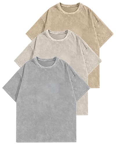 Aiyino Women's Oversized Cotton T-Shirts 3 Pack Vintage Washed Loose Fit Short Sleeve Crew Neck Casual Basic Tee Apricot/Grey/Khaki XXL - Image 1