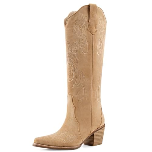 VOZTOLLS Womens Cowboy Boots Wide Calf Western Cowgirl Knee High Boots Comfortable Pull On Chunky Heel Pointed Toe Embroidered Girls Ladies Retro Tall Boot Beige Suede Size 9 - Image 1