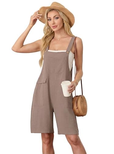 HiMONE Womens Casual Rompers For Women Sleeveless Short Jumpsuit Adjustable Overalls For Summer (Light Khaki-XL) - Thumbnail 6