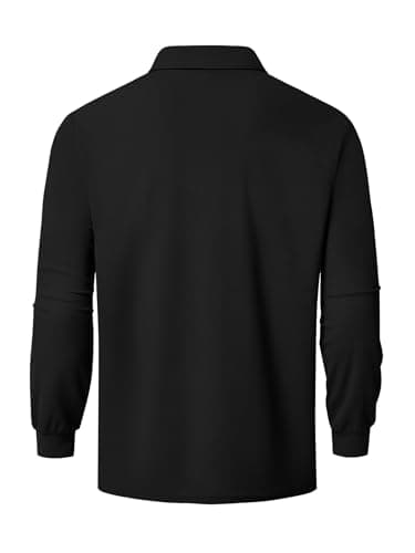 Promen polo Men's Classic Long Sleeve Polo Shirts Casual Lightweight Solid Golf Shirts with Pocket Black XXL - Thumbnail 2