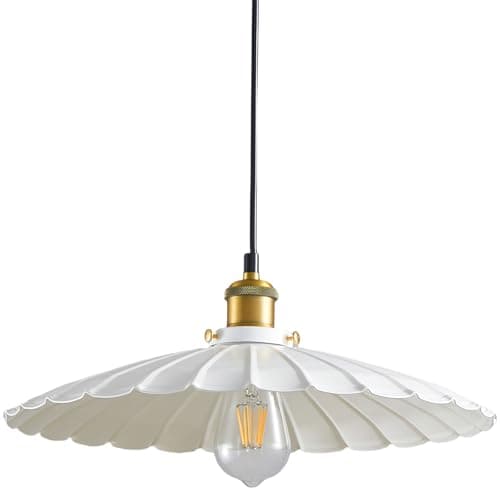 Oyisen Pendant Light Fixture, White Farmhouse Vintage Pendant Light 15.7 Inch Lampshade with Adjustable Light Cord Kitchen Hanging Lights Retro Island Pendant Lights for Kitchen