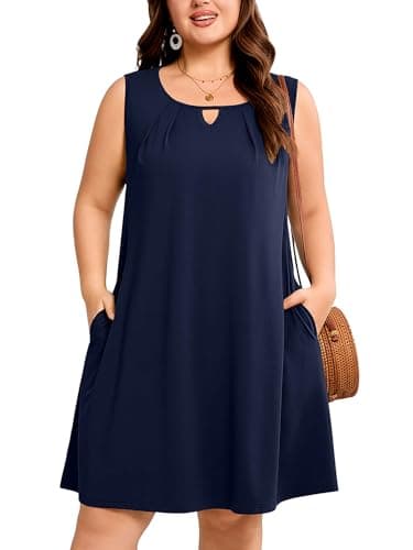 AusLook Plus Size Summer Midi Dress for Women Sleeveless Casual A Line Swing Navy Blue 1X Dress with Pockets Keyhole Neck Solid Color Vacation Beach Travel Dress - Image 1